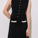 Crocheted beaded sleeveless knit top with matching skirt set - liwisi