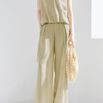 Casual collared sleeveless shirt with wide-leg long pants set - liwisi