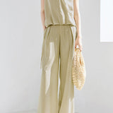 Casual collared sleeveless shirt with wide-leg long pants set - liwisi