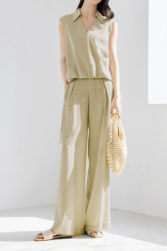 Casual collared sleeveless shirt with wide-leg long pants set - liwisi
