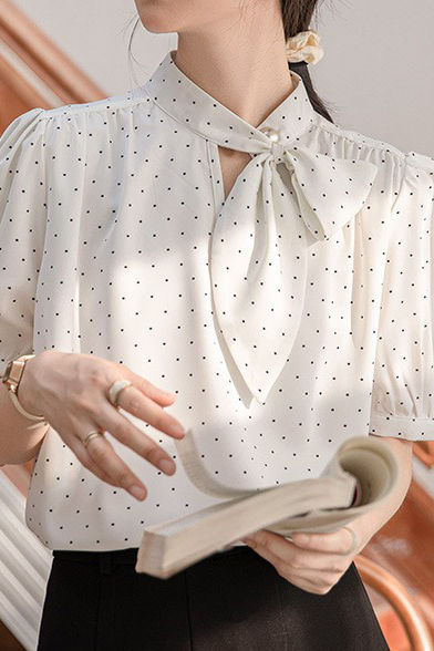 Polka dot bow tie short sleeve shirt - liwisi
