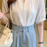 V-neck pearl short sleeve chiffon shirt - liwisi