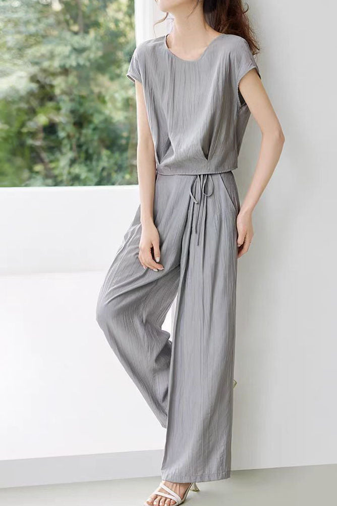 Casual flutter sleeve top with matching wide-leg pants set - liwisi