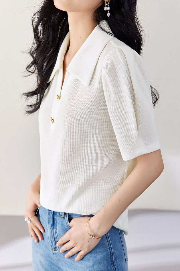 Minimalist waffle textured bubble short sleeve polo shirt - liwisi