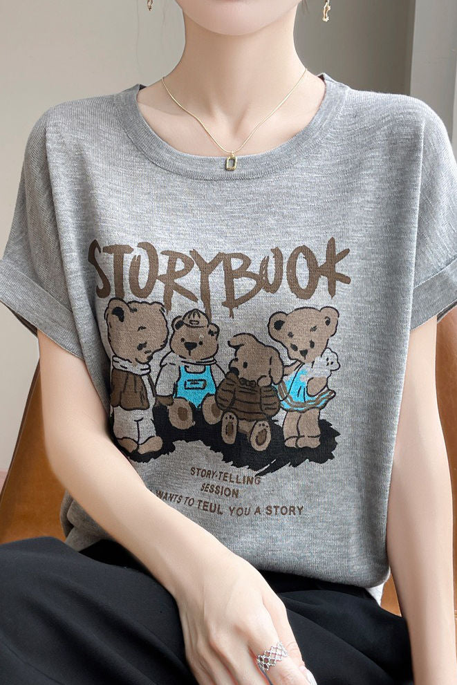 Lettered bear graphic short sleeve T-shirt - liwisi