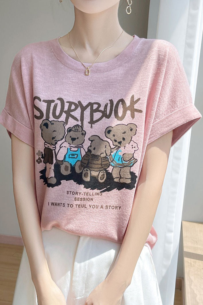 Lettered bear graphic short sleeve T-shirt - liwisi