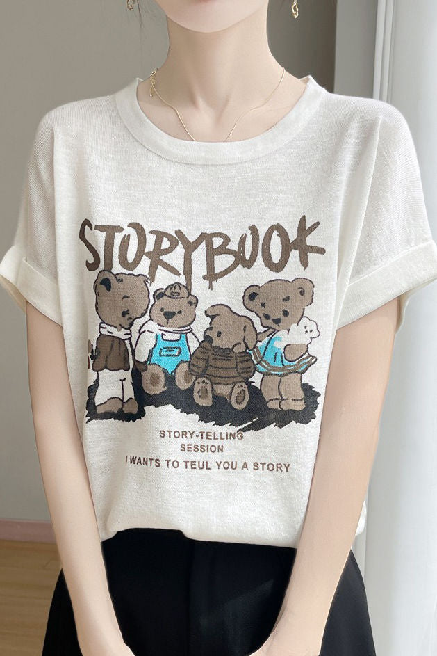 Lettered bear graphic short sleeve T-shirt - liwisi