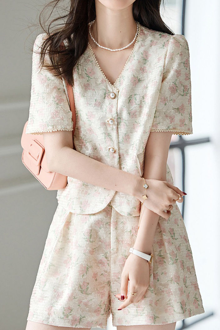 Oil painting print short sleeve shirt with matching shorts set - liwisi