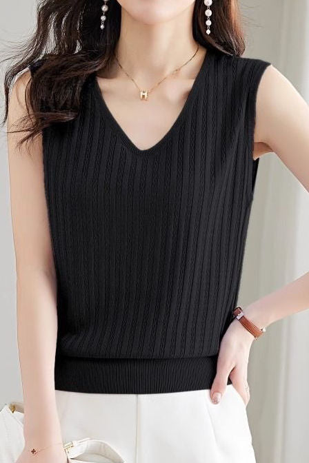 V-neck sleeveless textured knit tank top - liwisi