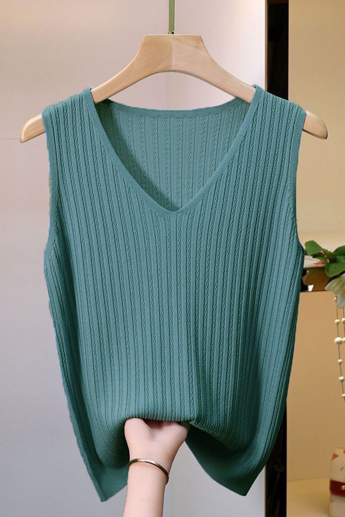 V-neck sleeveless textured knit tank top - liwisi