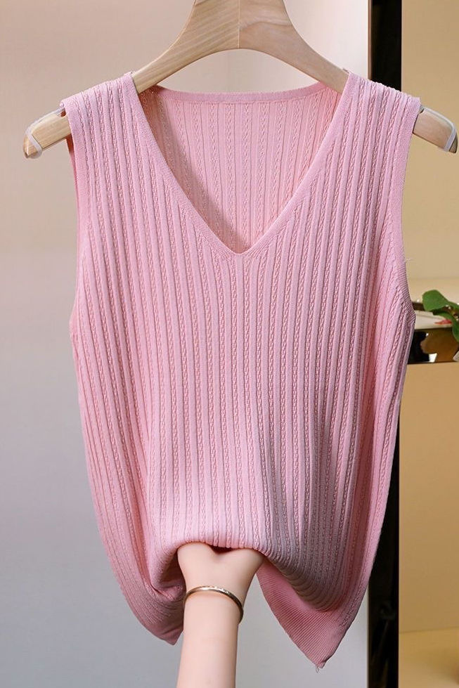 V-neck sleeveless textured knit tank top - liwisi