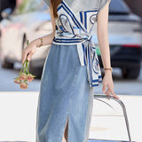 Trendy denim print patchwork dress - liwisi