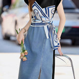 Trendy denim print patchwork dress - liwisi