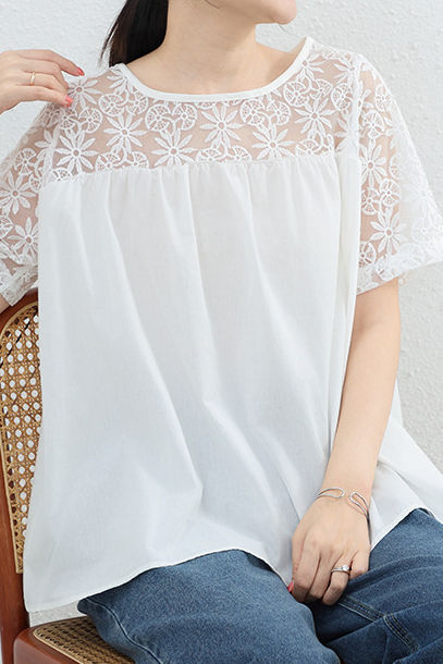Loose T-Shirt with Lace Patchwork - liwisi