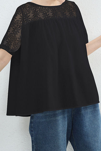 Loose T-Shirt with Lace Patchwork - liwisi