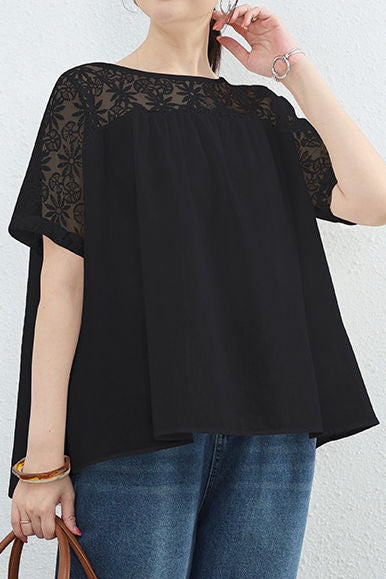 Loose T-Shirt with Lace Patchwork - liwisi