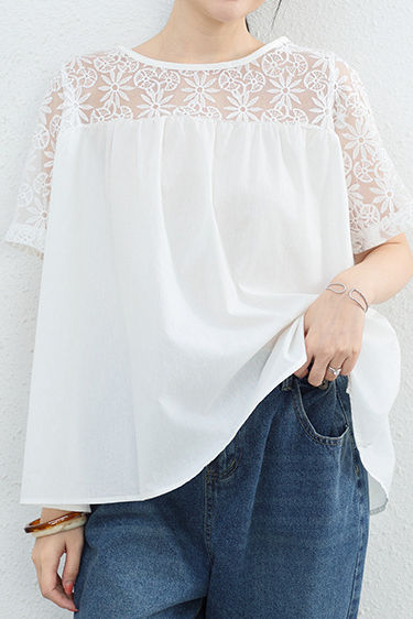 Loose T-Shirt with Lace Patchwork - liwisi