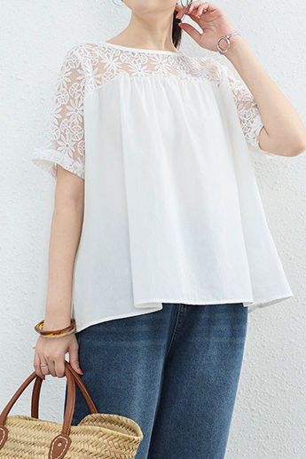 Loose T-Shirt with Lace Patchwork - liwisi