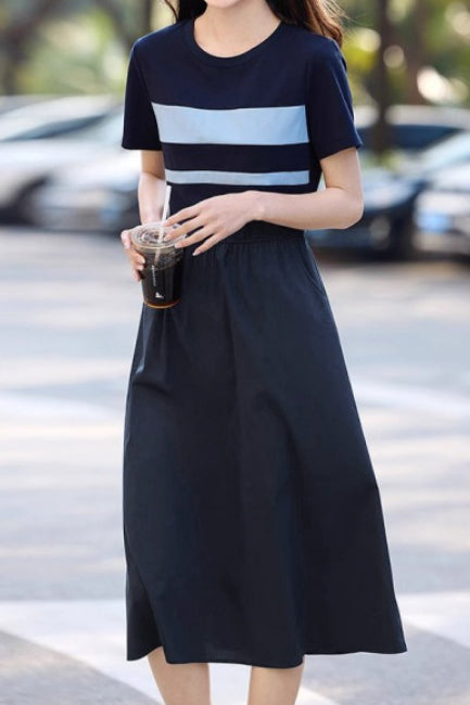 Casual Color-Block Striped A-Line Dress - liwisi