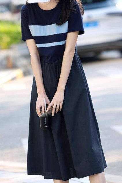 Casual Color-Block Striped A-Line Dress - liwisi