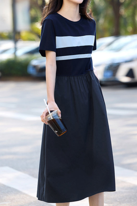 Casual Color-Block Striped A-Line Dress - liwisi