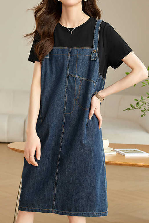 Casual Denim Dress with Faux Two-Piece Design - liwisi