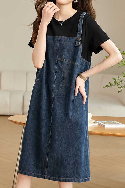 Casual Denim Dress with Faux Two-Piece Design - liwisi