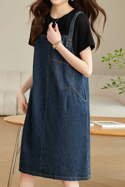 Casual Denim Dress with Faux Two-Piece Design - liwisi