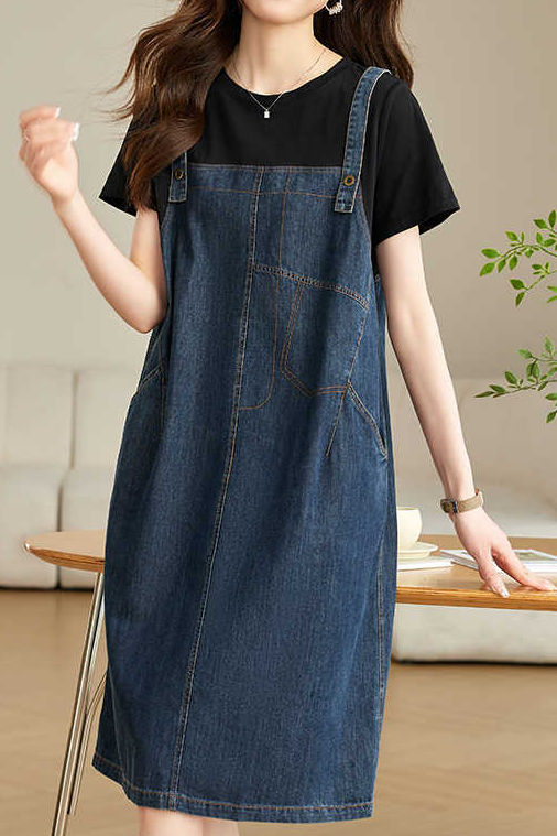 Casual Denim Dress with Faux Two-Piece Design - liwisi