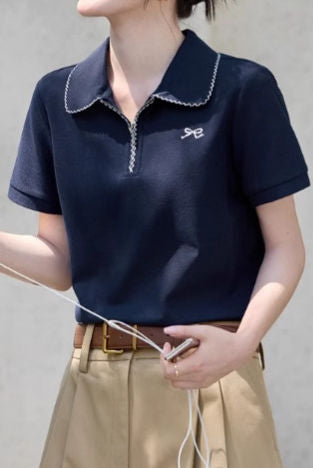 Casual Polo Shirt with Contrast Trim and Embroidery - liwisi