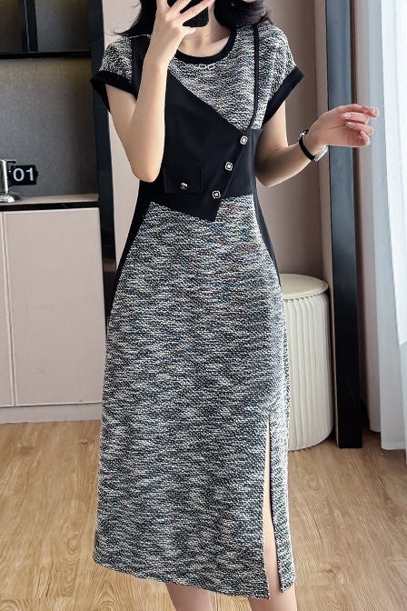 asymmetrical work dress Berylove Women Asymmetrical Neck Work Dress Ruched Navy Midi Formal Dress with Slit, Navy / US8