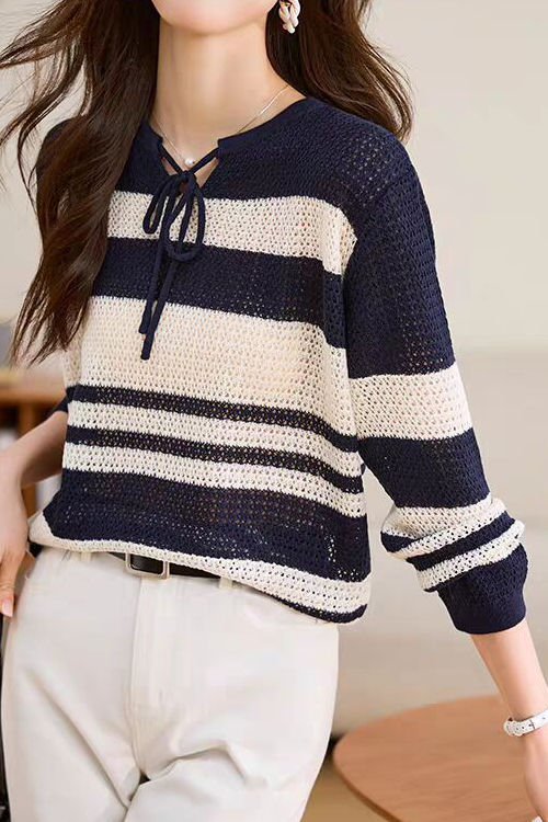 Striped Hollow-Out Knit Sweater - liwisi