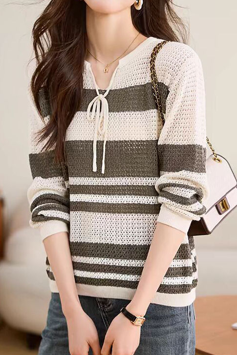 Striped Hollow-Out Knit Sweater - liwisi