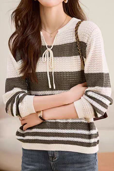 Striped Hollow-Out Knit Sweater - liwisi