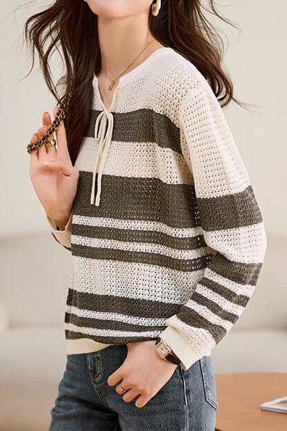Striped Hollow-Out Knit Sweater - liwisi