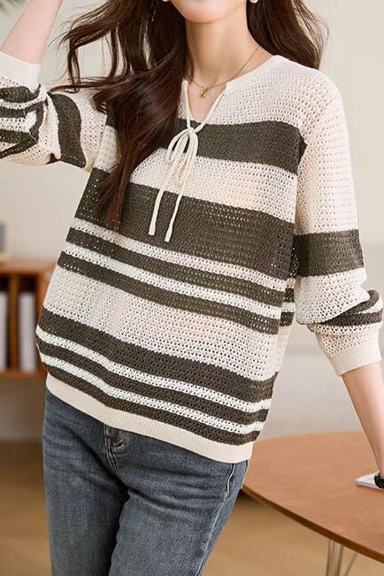 Striped Hollow-Out Knit Sweater - liwisi