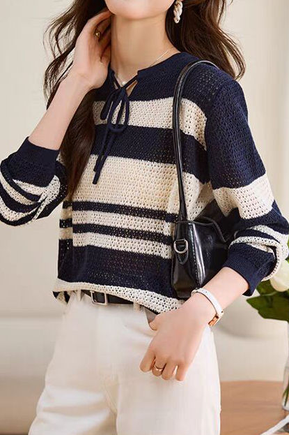 Striped Hollow-Out Knit Sweater - liwisi