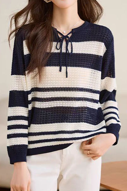 Striped Hollow-Out Knit Sweater - liwisi