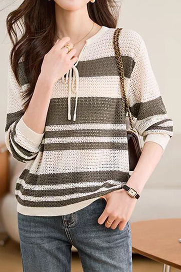 Striped Hollow-Out Knit Sweater - liwisi