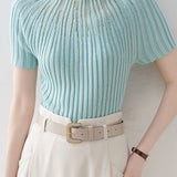 Slim-Fit Short-Sleeve Knit Top with Rhinestones and Crew Neck - liwisi