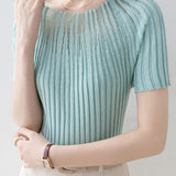 Slim-Fit Short-Sleeve Knit Top with Rhinestones and Crew Neck - liwisi