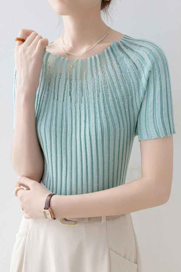 Slim-Fit Short-Sleeve Knit Top with Rhinestones and Crew Neck - liwisi
