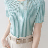 Slim-Fit Short-Sleeve Knit Top with Rhinestones and Crew Neck - liwisi
