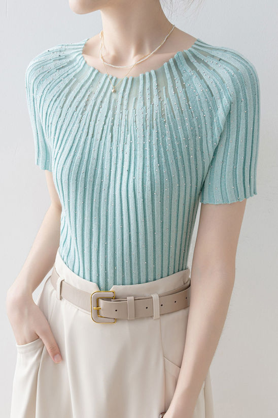 Slim-Fit Short-Sleeve Knit Top with Rhinestones and Crew Neck - liwisi