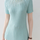 Slim-Fit Short-Sleeve Knit Top with Rhinestones and Crew Neck - liwisi
