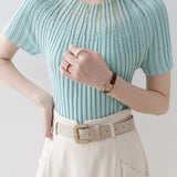 Slim-Fit Short-Sleeve Knit Top with Rhinestones and Crew Neck - liwisi