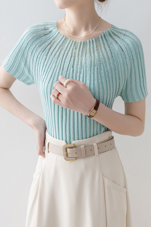 Slim-Fit Short-Sleeve Knit Top with Rhinestones and Crew Neck - liwisi