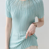Slim-Fit Short-Sleeve Knit Top with Rhinestones and Crew Neck - liwisi