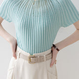 Slim-Fit Short-Sleeve Knit Top with Rhinestones and Crew Neck - liwisi