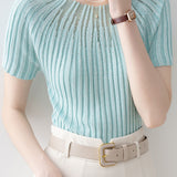 Slim-Fit Short-Sleeve Knit Top with Rhinestones and Crew Neck - liwisi